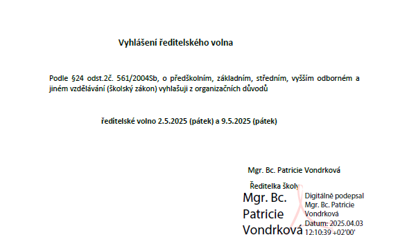 Vyhlášení ředitelského volna